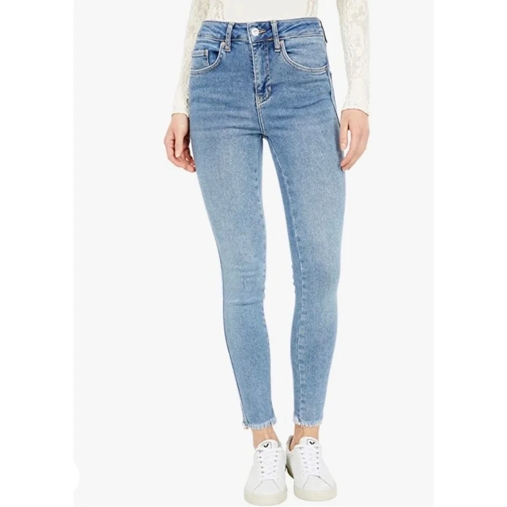 Free People Women Skinny Jeans 25 Blue Raw Hem High Rise Stretch Y2K Indie Denim